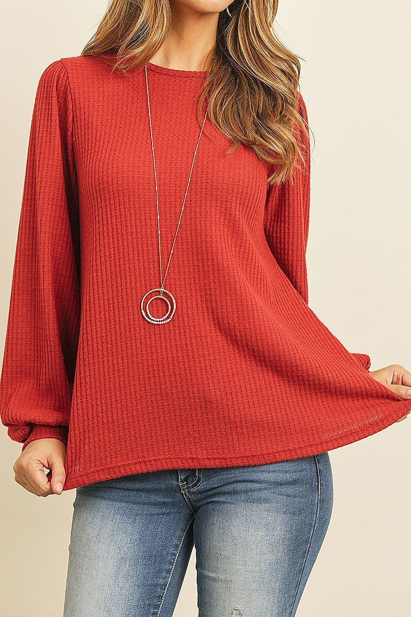 Long puff sleeve round neck waffle brushed loose fit top (ED8100-8)