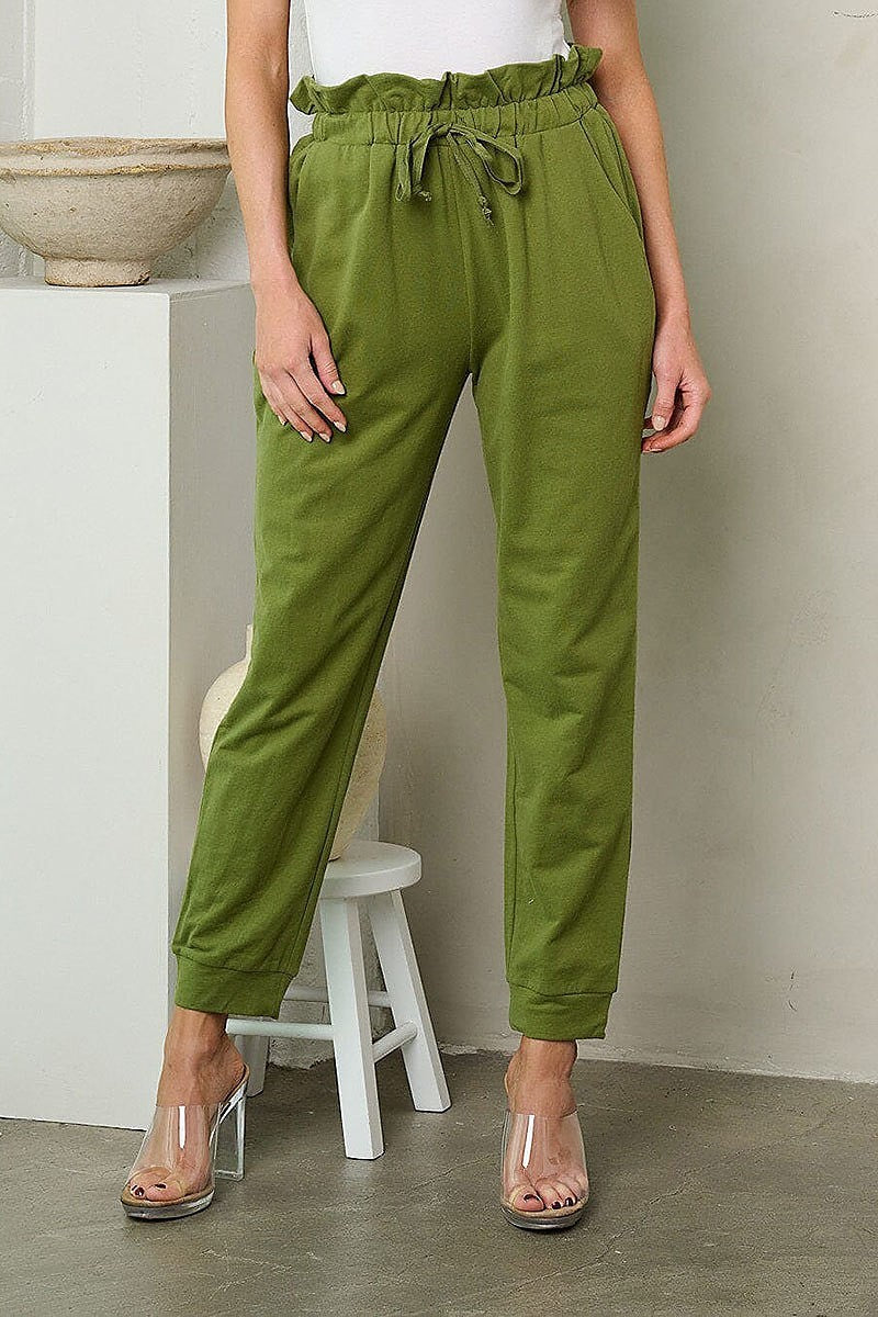 Elastic waist self tie pockets jogger pants (EFWT2144)