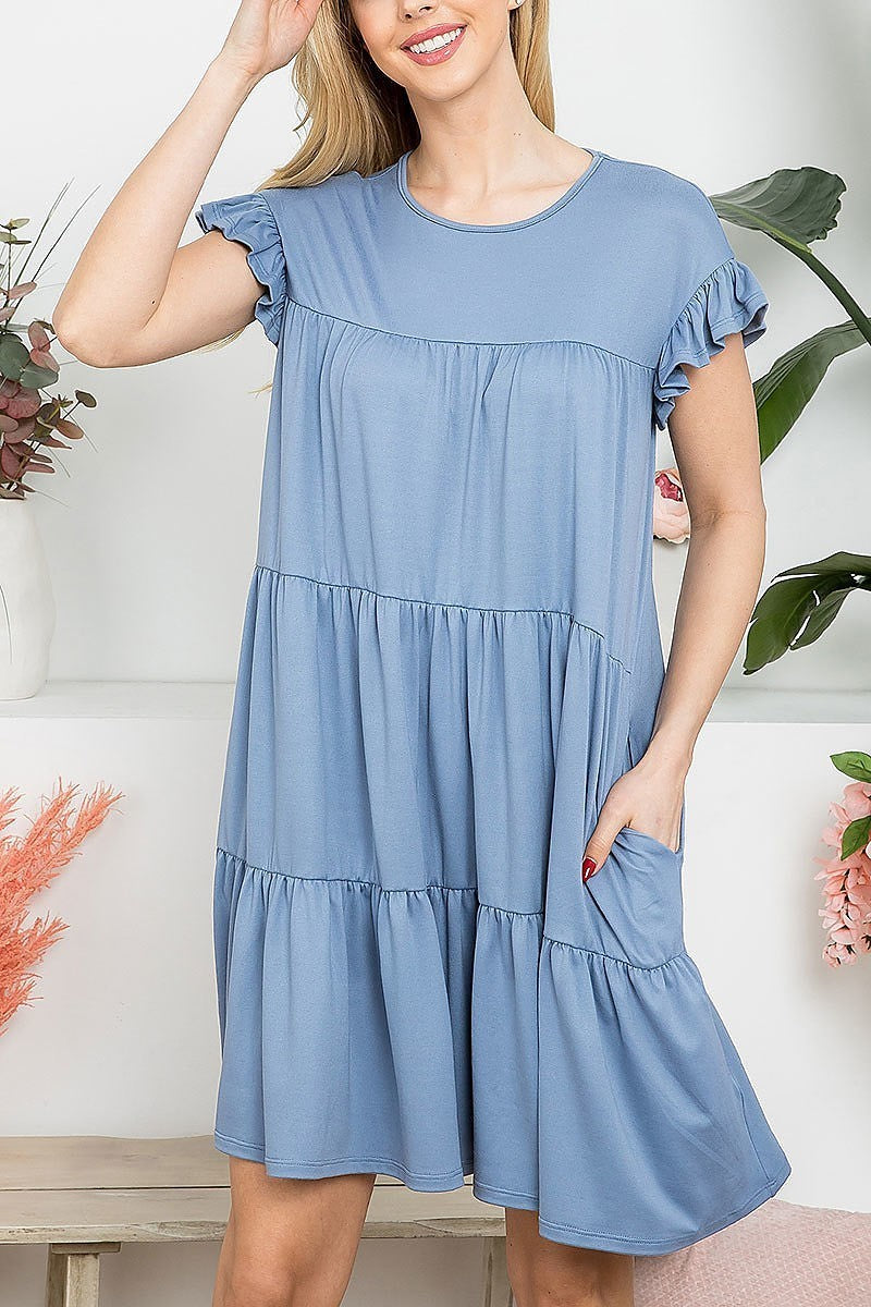 Ruffle short cap sleeve tiered dress (DED8361-1)