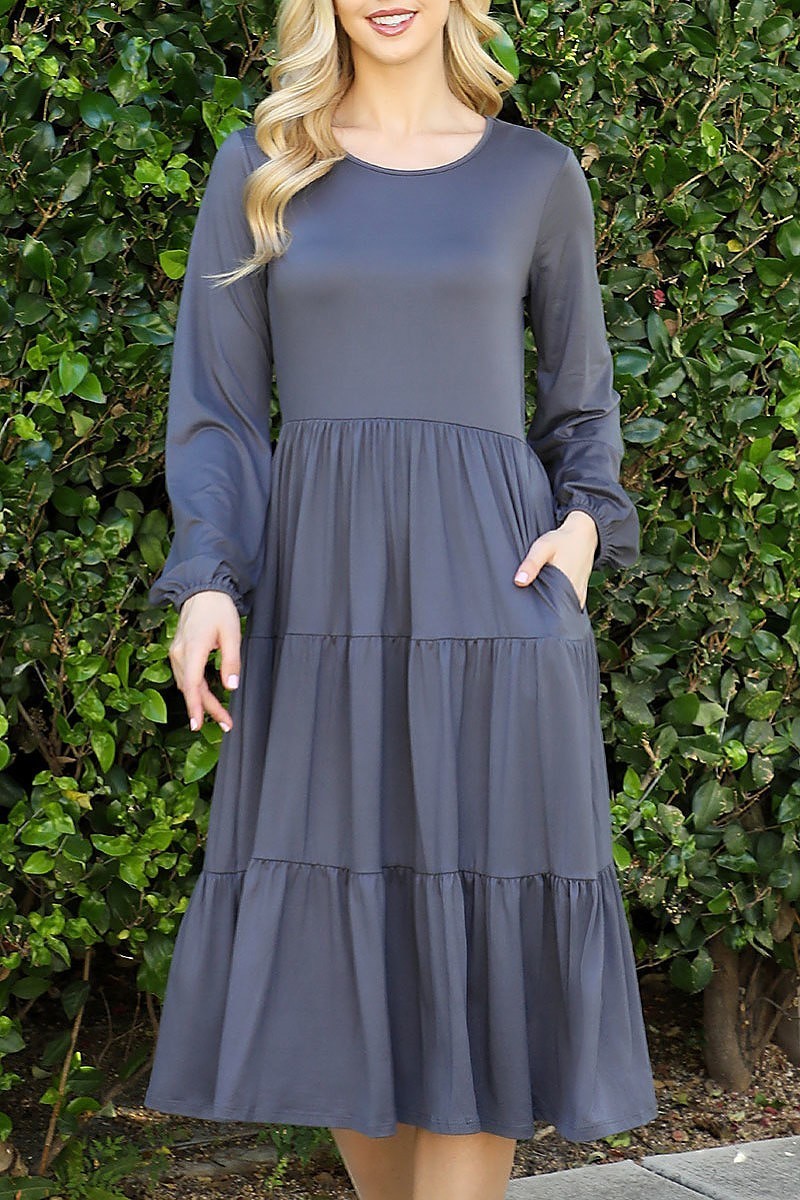 Solid long sleeve elastic waist tiered dress (DED8893-1)