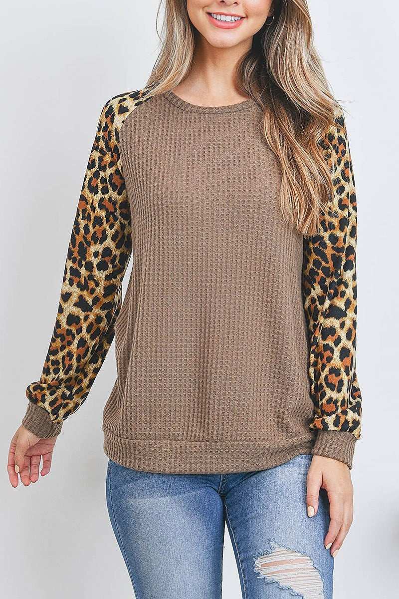 Leopard raglan sleeve knit waffle top (EF2695)