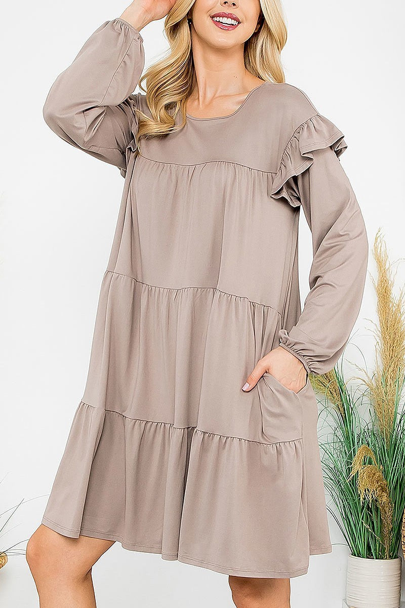 Long sleeve ruffle detail solid dress (DED8851)