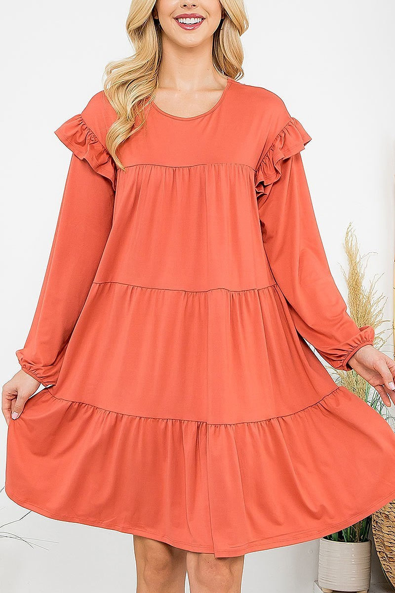 Long sleeve ruffle detail solid dress (DED8851)