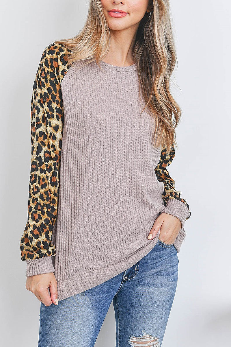 Leopard raglan sleeve knit waffle top (EF2695)