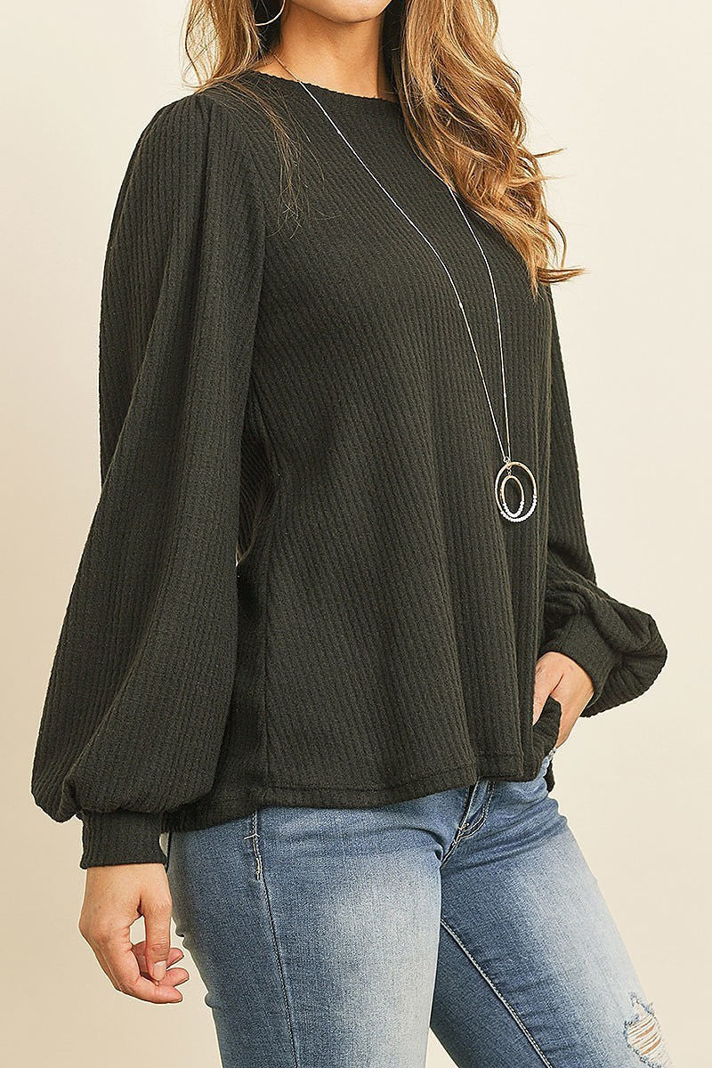 Long puff sleeve round neck waffle brushed loose fit top (ED8100-8)