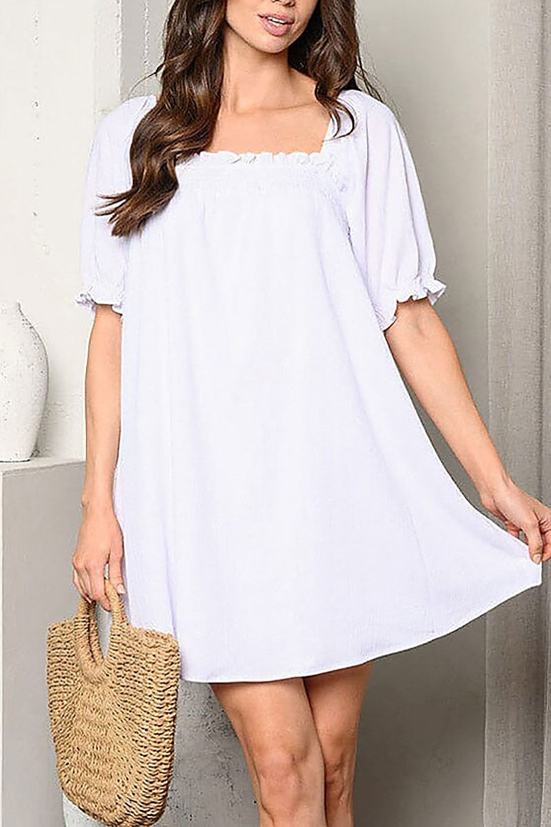 Short puff sleeve square neck tunic mini dress (EDWT9524)