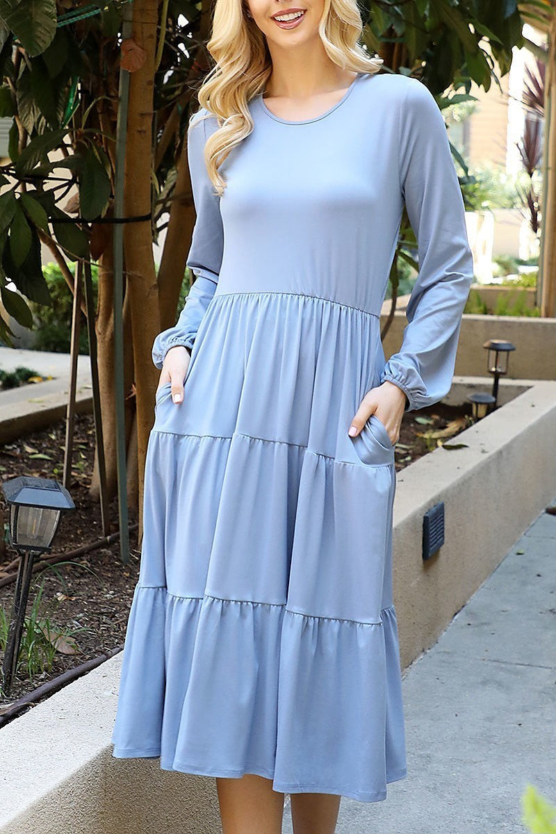 Solid long sleeve elastic waist tiered dress (DED8893-1)