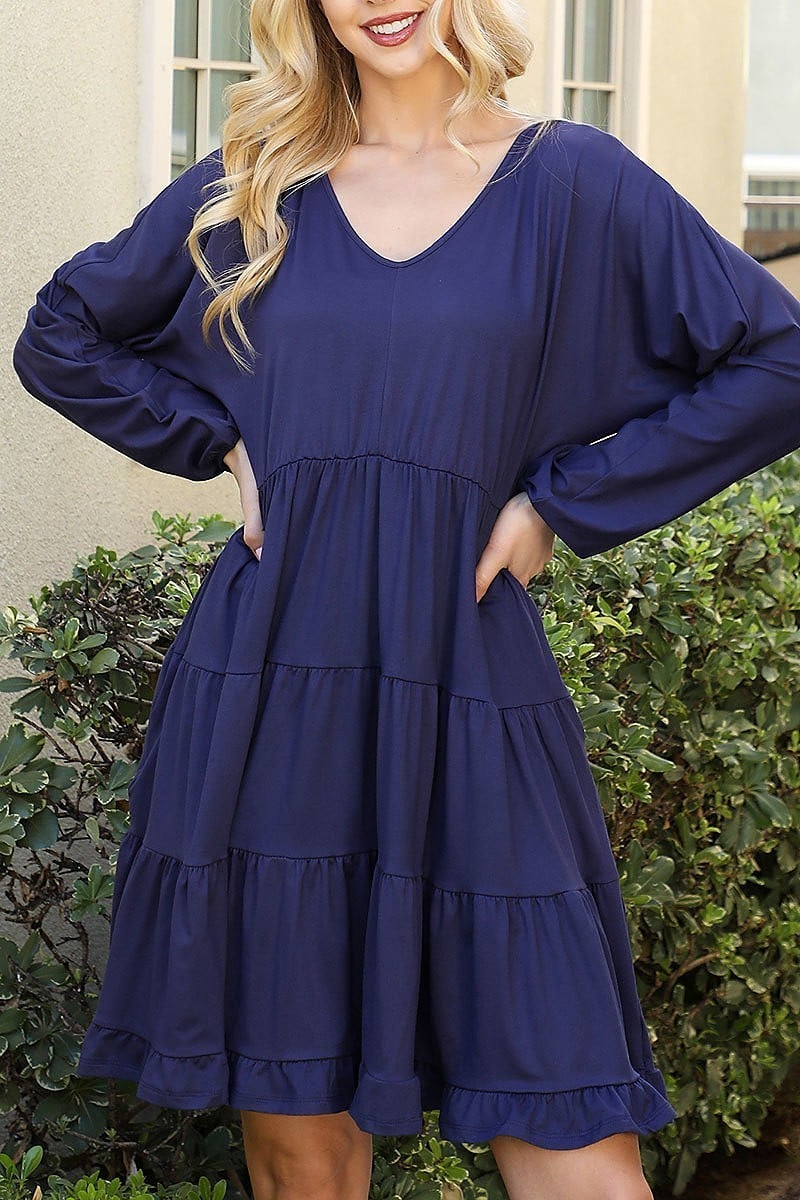 Solid long sleeve tiered ruffle dress (DED8913)