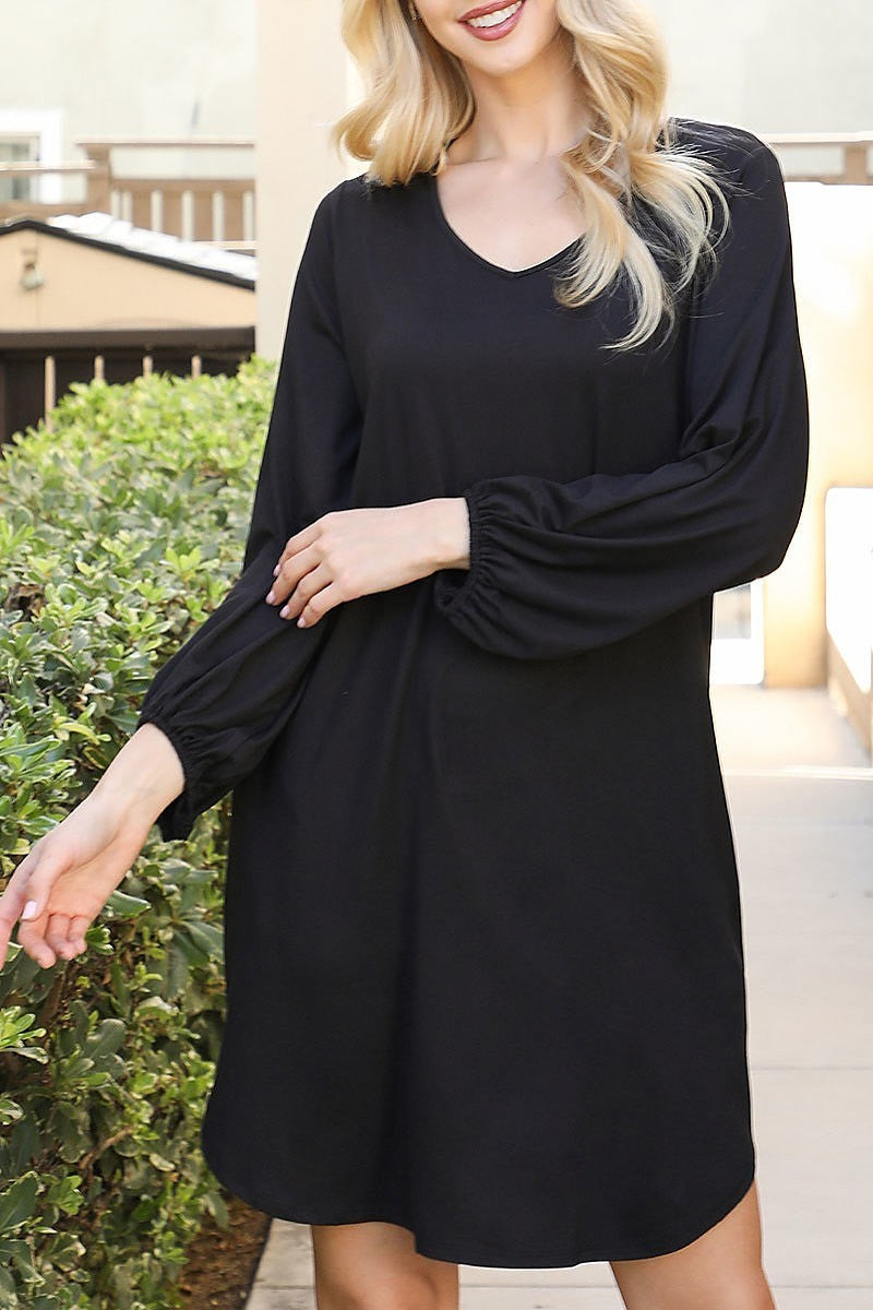 Solid v-neck tunnel long sleeve dress (DED8912)