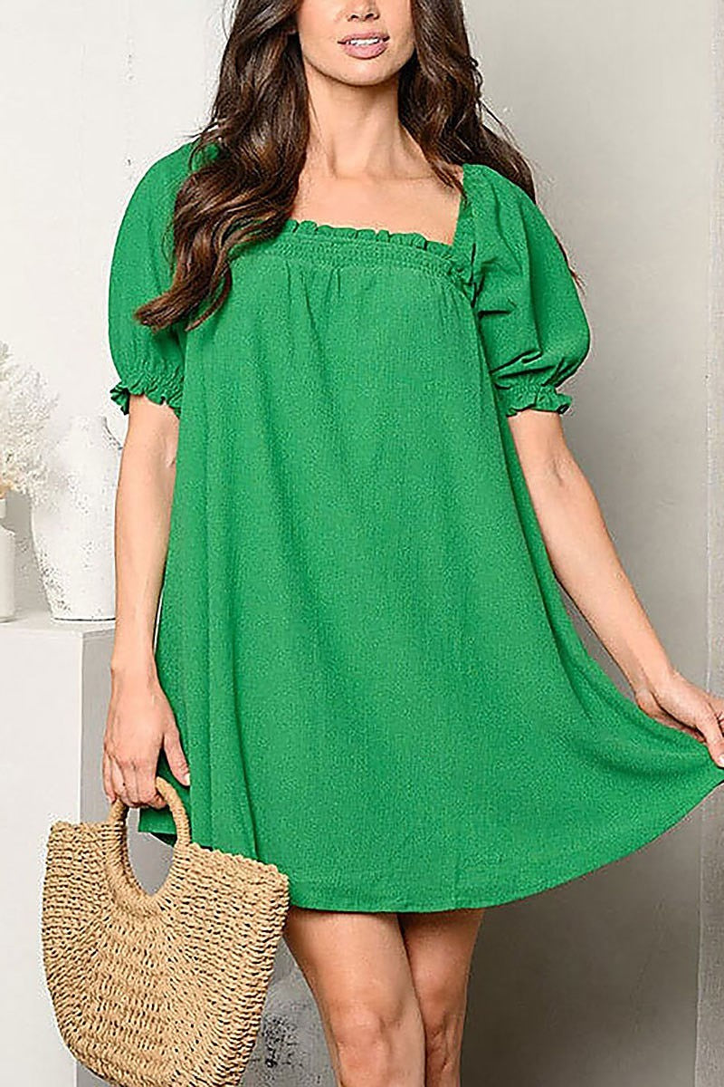 Short puff sleeve square neck tunic mini dress (EDWT9524)