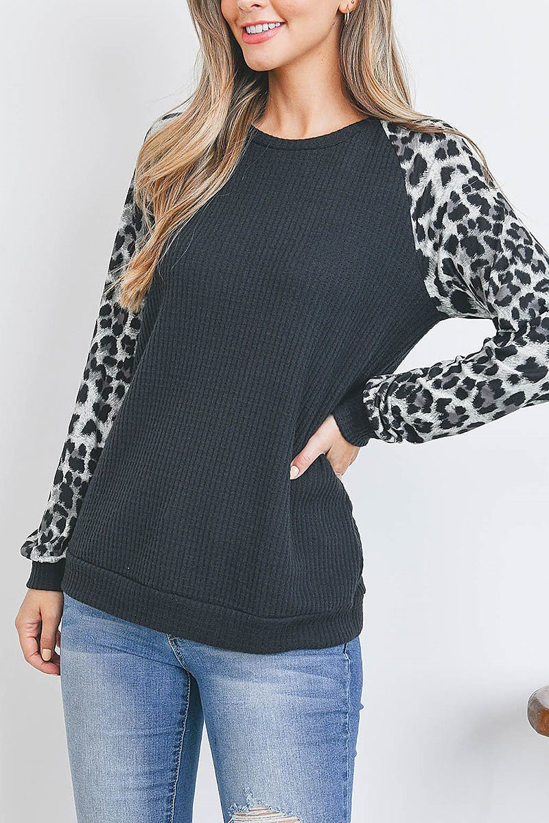 Leopard raglan sleeve knit waffle top (EF2695)