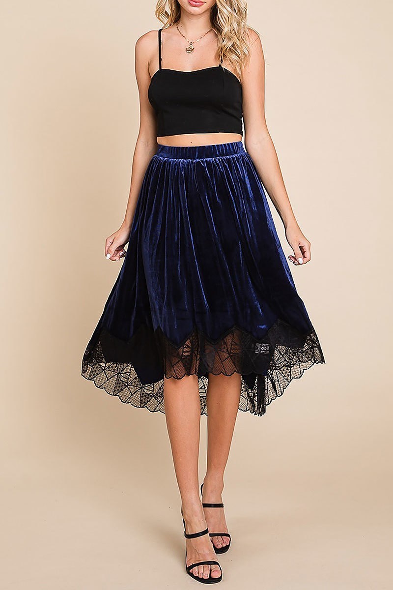 Velvet elastic waistband hi-low midi skirt w lace (EDH1827)