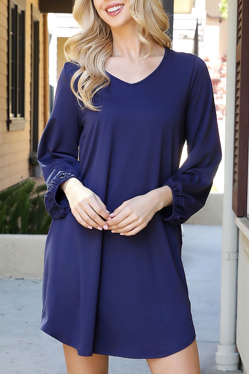 Solid v-neck tunnel long sleeve dress (DED8912)