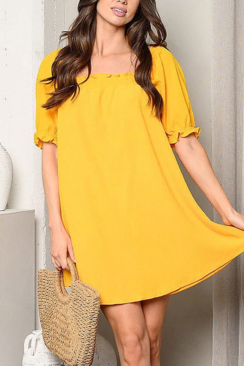 Short puff sleeve square neck tunic mini dress (EDWT9524)